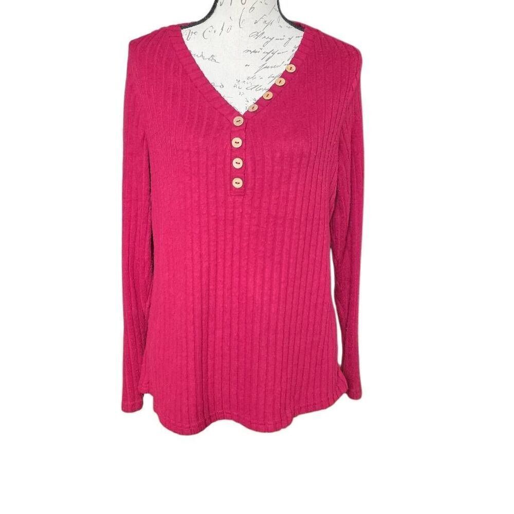 Women's Size Medium Red Soft Ribbed V-Neck Button Henley Long Sleeve Top